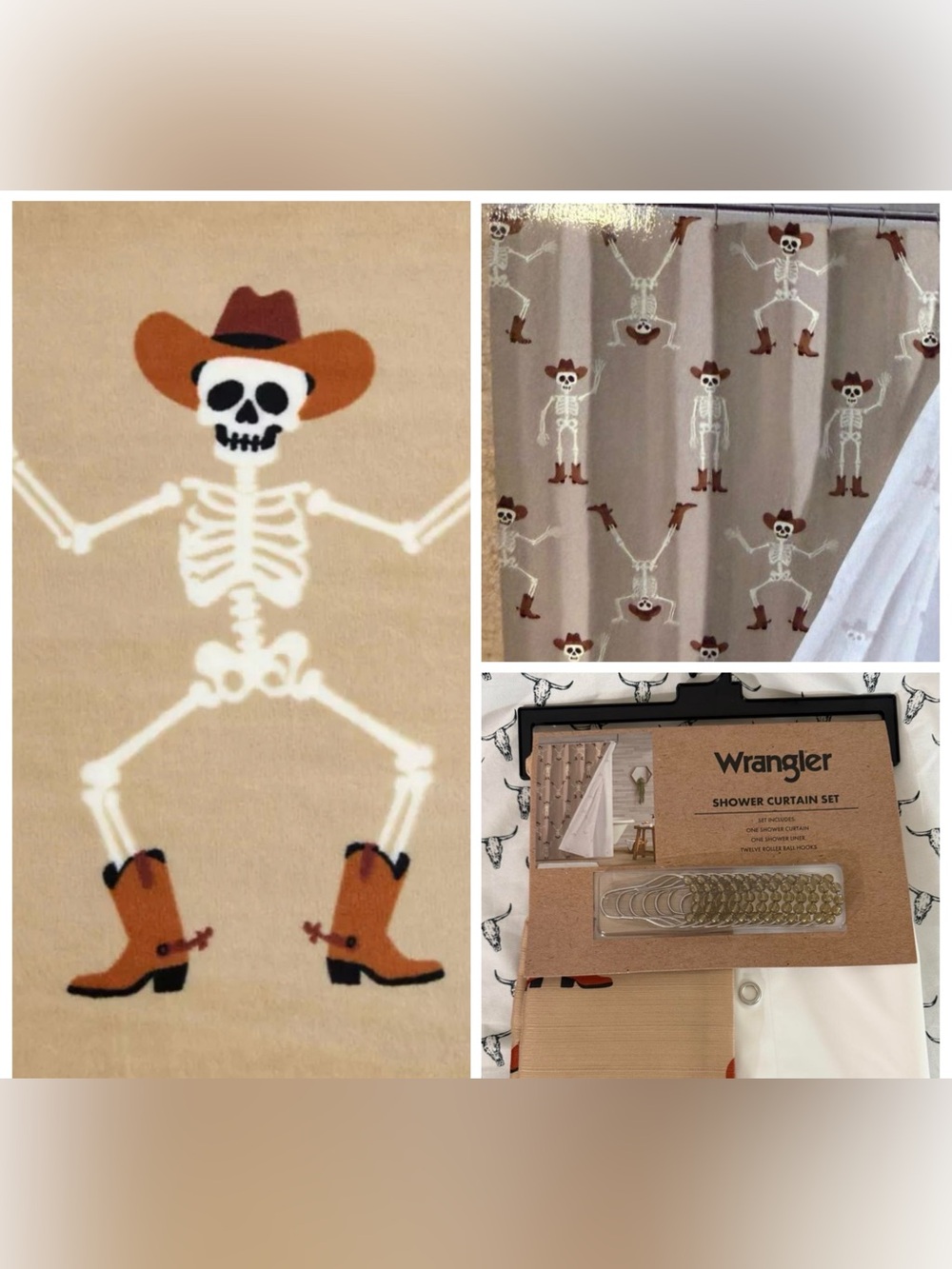NEW Wrangler FABRIC Shower Curtain Set SKELETON COWBOY HATS BOOTS DANCING RODEO